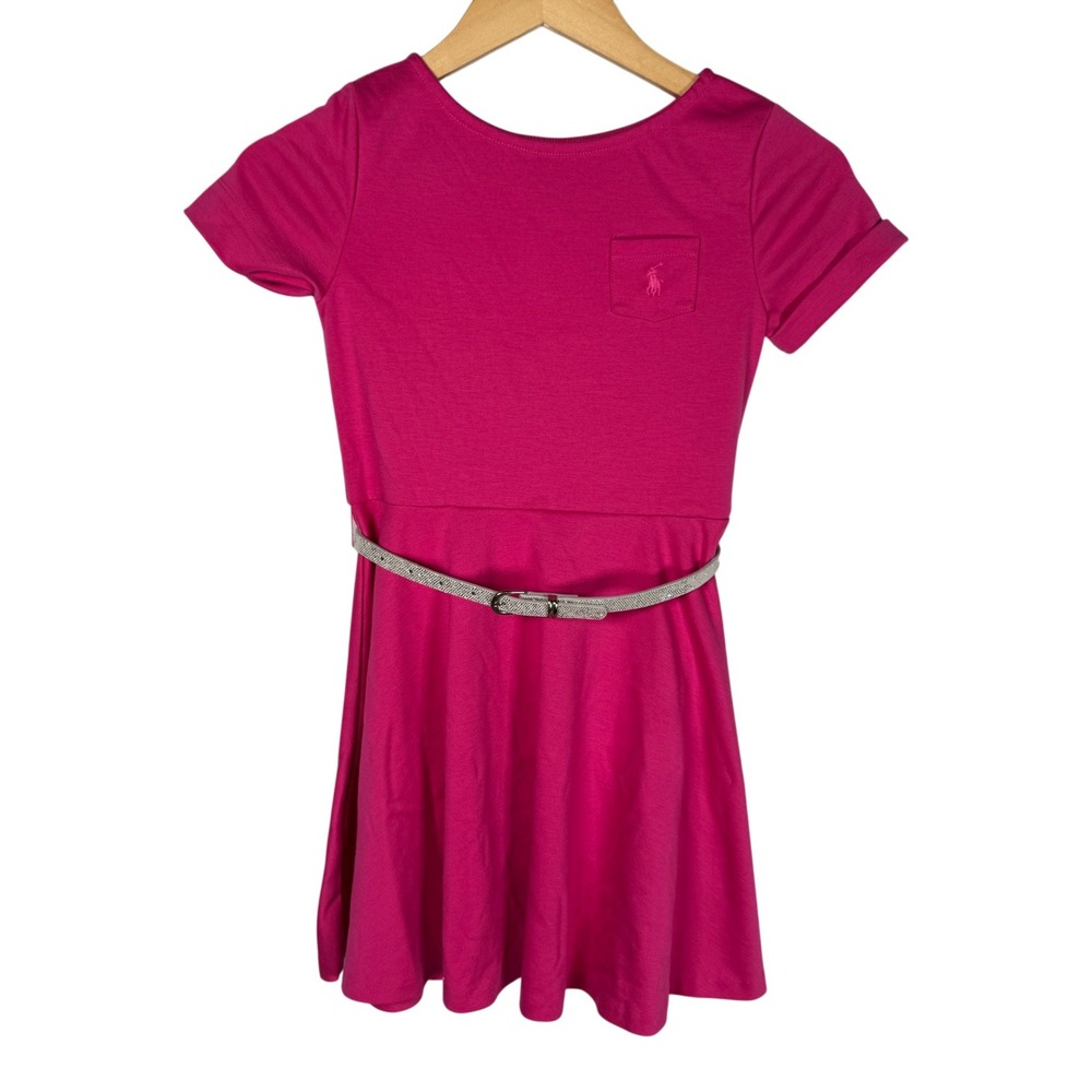 Polo Ralph Lauren Dress Girls M 8-10 Pink Short Sleeve Silver Belted Pocket